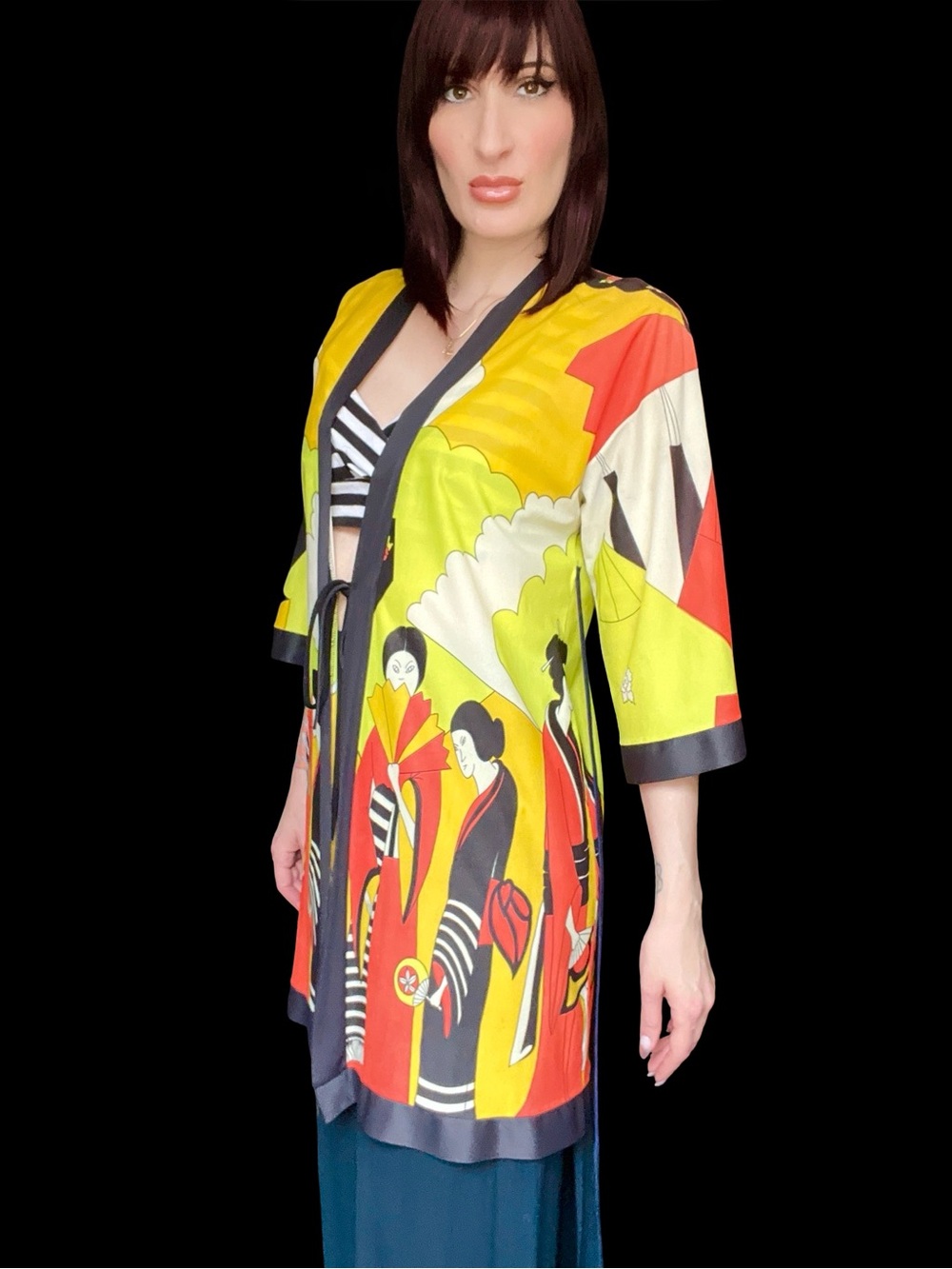 Vintage 1960's Japanese Geisha Novelty Print Pop Art Geometric Kimono Jacket - Picture 5 of 12